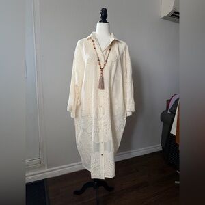 Cream Embroidered Button-Up Dress